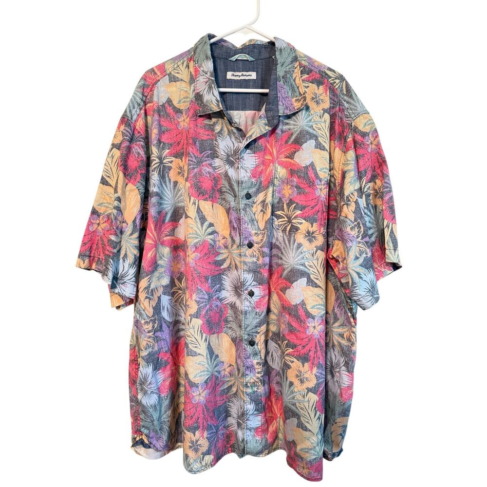Tommy Bahama Colorful Tropical Floral Print Tencel Cotton SS Shirt XXXL 3XL EUC